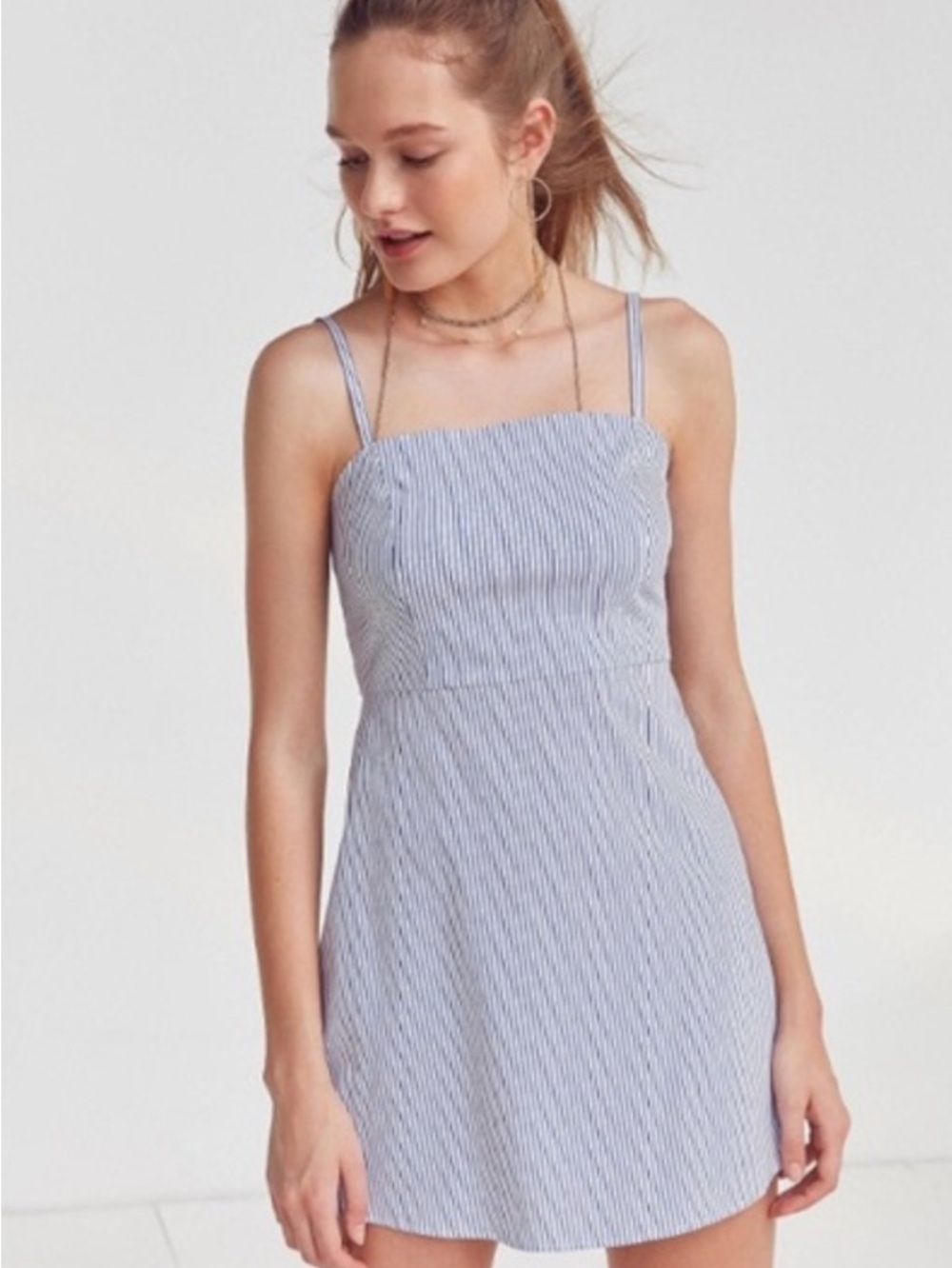Urban Outfitters Kimchi Blue Pinstripe Square Neck Mini Dress Coastal Nautical - Picture 4 of 10